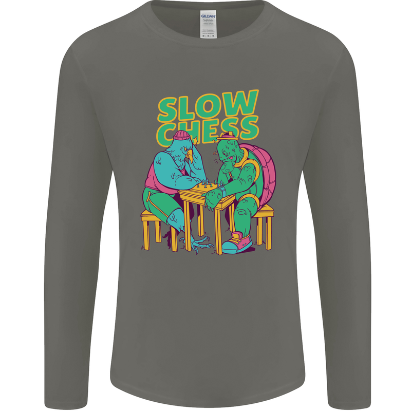 Slow Chess Funny Tortoise & Cock Mens Long Sleeve T-Shirt Charcoal