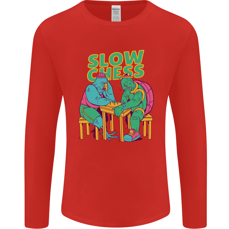 Slow Chess Funny Tortoise & Cock Mens Long Sleeve T-Shirt Red
