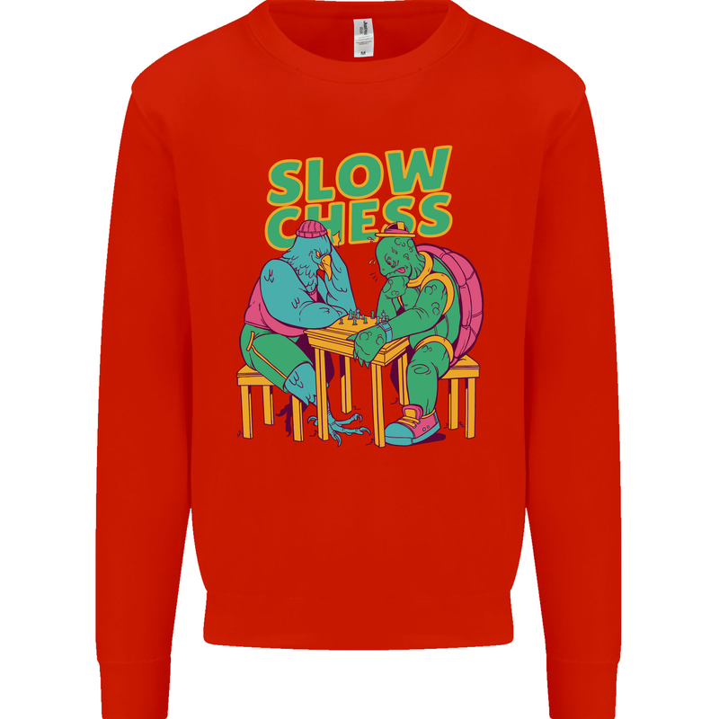 Slow Chess Funny Tortoise & Cock Mens Sweatshirt Jumper Bright Red