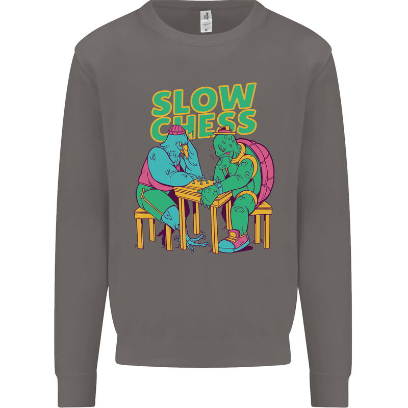 Slow Chess Funny Tortoise & Cock Mens Sweatshirt Jumper Charcoal
