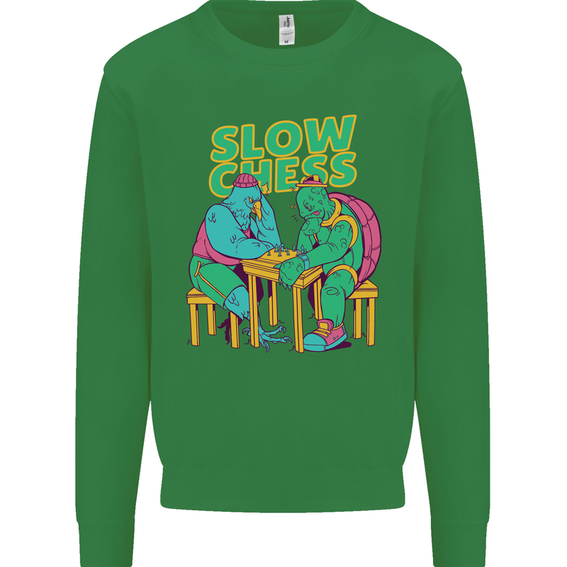 Slow Chess Funny Tortoise & Cock Mens Sweatshirt Jumper Irish Green