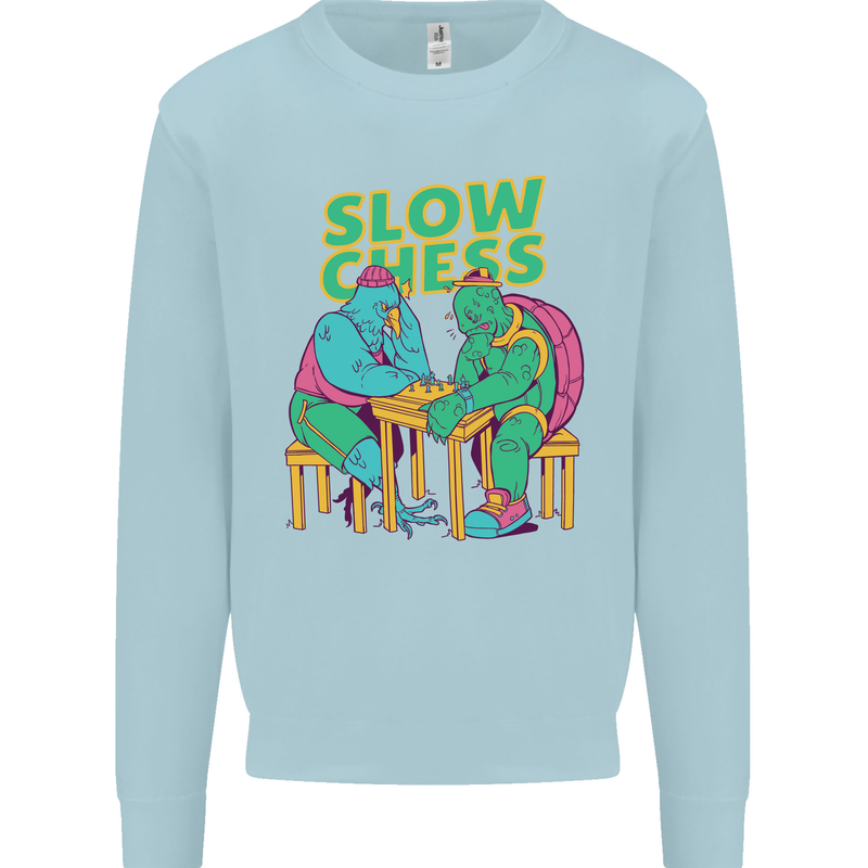 Slow Chess Funny Tortoise & Cock Mens Sweatshirt Jumper Light Blue