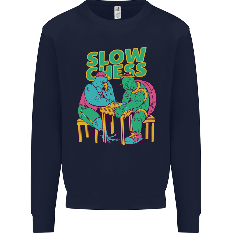 Slow Chess Funny Tortoise & Cock Mens Sweatshirt Jumper Navy Blue