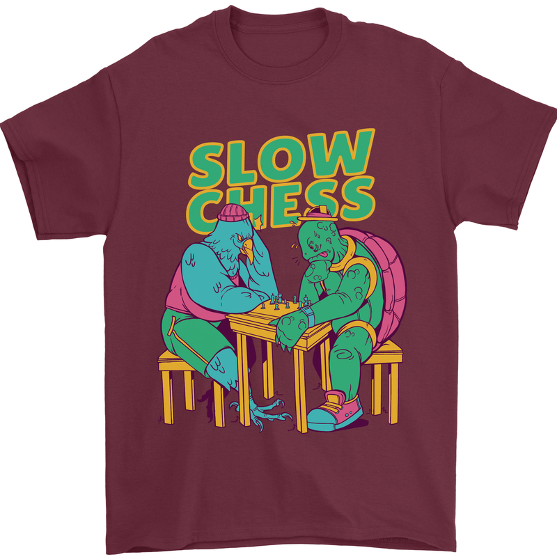 Slow Chess Funny Tortoise & Cock Mens T-Shirt Cotton Gildan Maroon