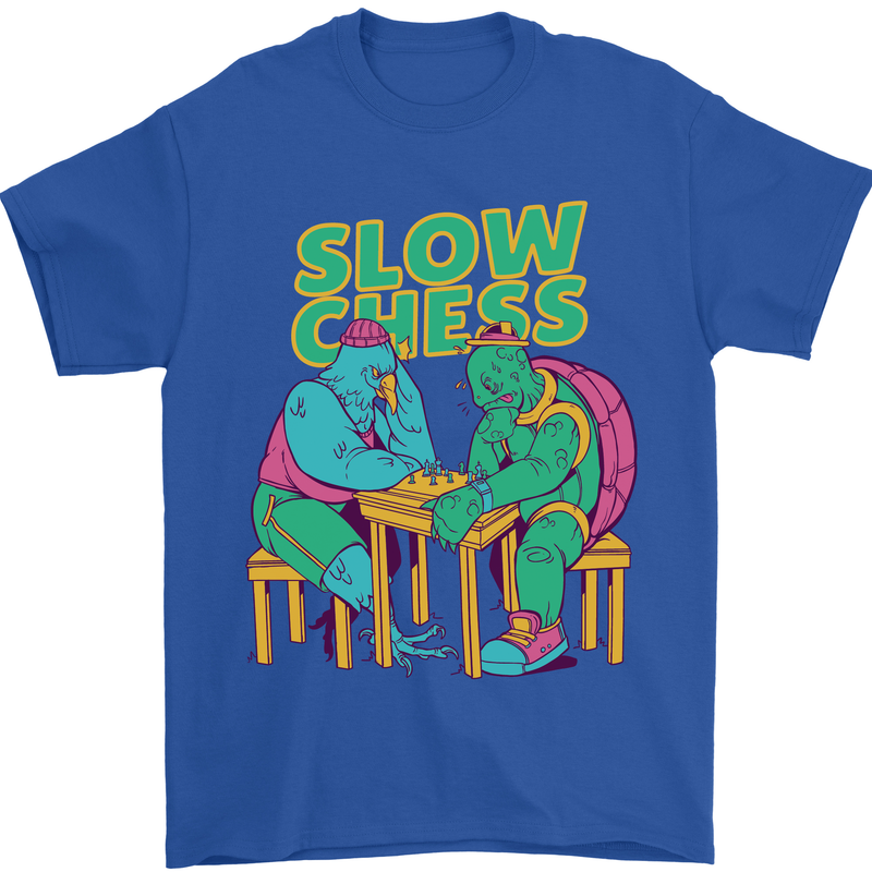 Slow Chess Funny Tortoise & Cock Mens T-Shirt Cotton Gildan Royal Blue