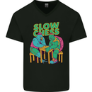 Slow Chess Funny Tortoise & Cock Mens V-Neck Cotton T-Shirt Black
