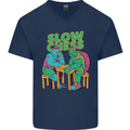 Slow Chess Funny Tortoise & Cock Mens V-Neck Cotton T-Shirt Navy Blue