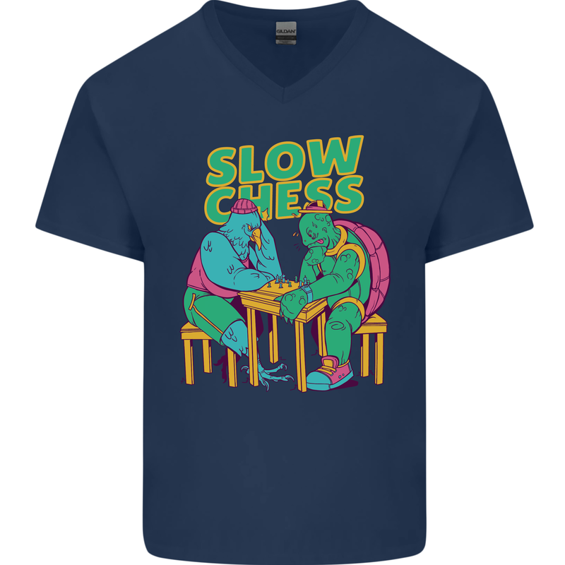 Slow Chess Funny Tortoise & Cock Mens V-Neck Cotton T-Shirt Navy Blue