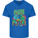 Slow Chess Funny Tortoise & Cock Mens V-Neck Cotton T-Shirt Royal Blue