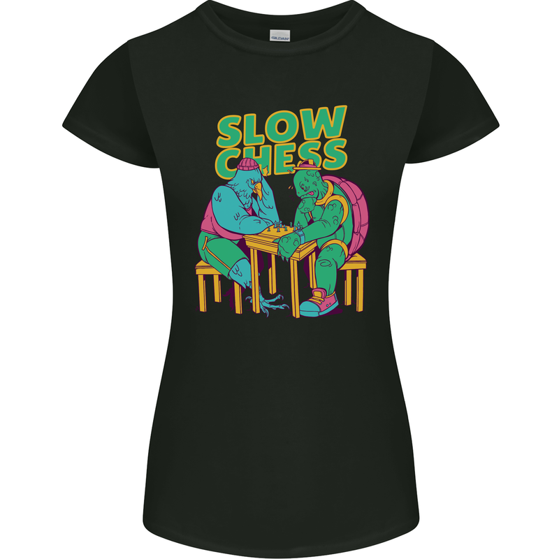 Slow Chess Funny Tortoise & Cock Womens Petite Cut T-Shirt Black