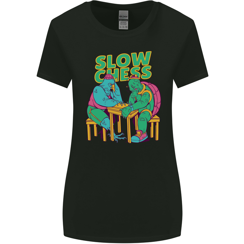 Slow Chess Funny Tortoise & Cock Womens Wider Cut T-Shirt Black
