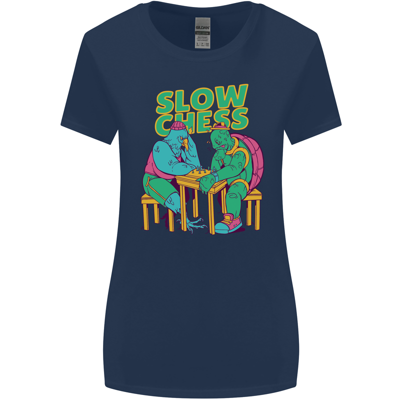 Slow Chess Funny Tortoise & Cock Womens Wider Cut T-Shirt Navy Blue