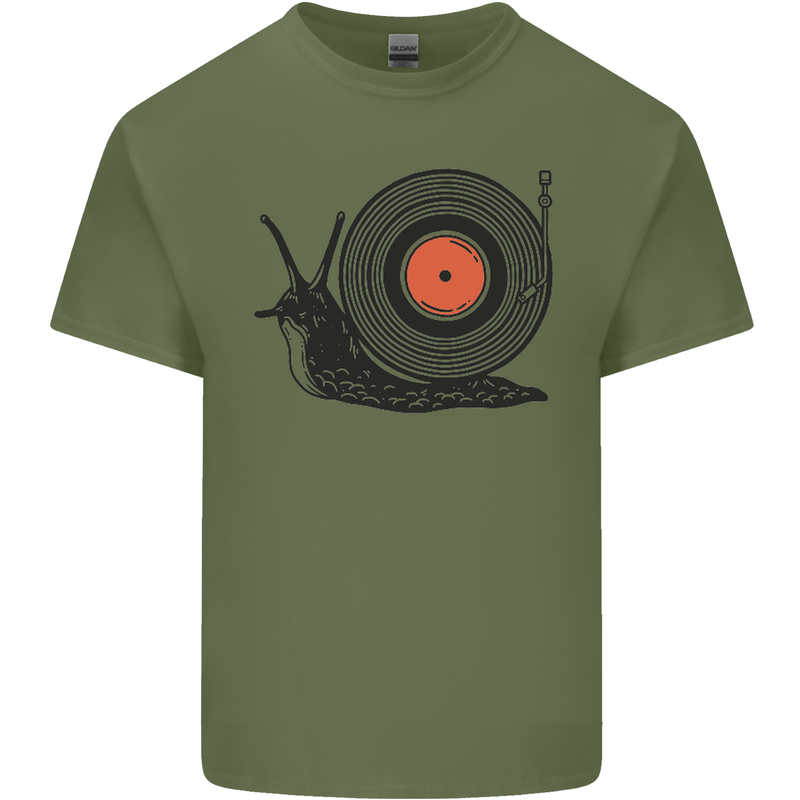 Slug Decks with Vinyl LP DJ DJing Turntable Mens Cotton T-Shirt Tee Top Military Green