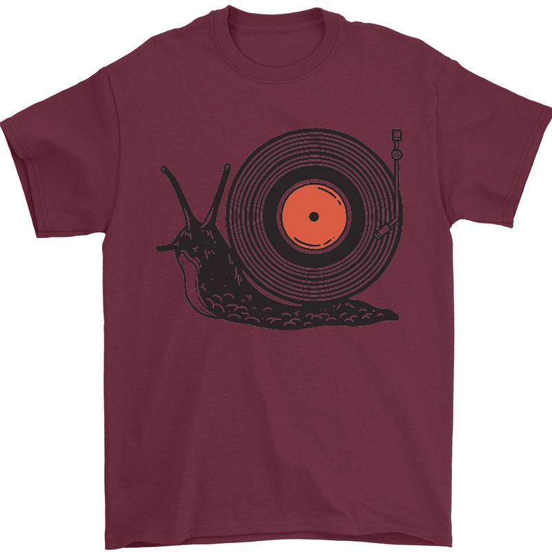 Slug Decks with Vinyl LP DJ DJing Turntable Mens T-Shirt Cotton Gildan Maroon