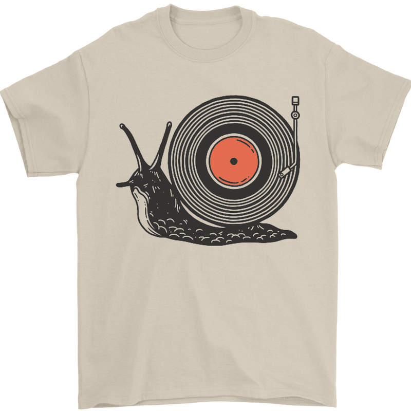 Slug Decks with Vinyl LP DJ DJing Turntable Mens T-Shirt Cotton Gildan Sand