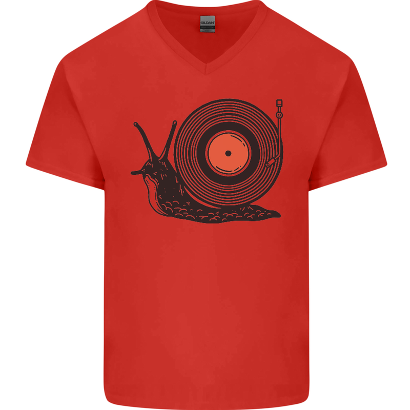 Slug Decks with Vinyl LP DJ DJing Turntable Mens V-Neck Cotton T-Shirt Red