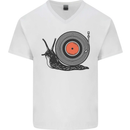 Slug Decks with Vinyl LP DJ DJing Turntable Mens V-Neck Cotton T-Shirt White