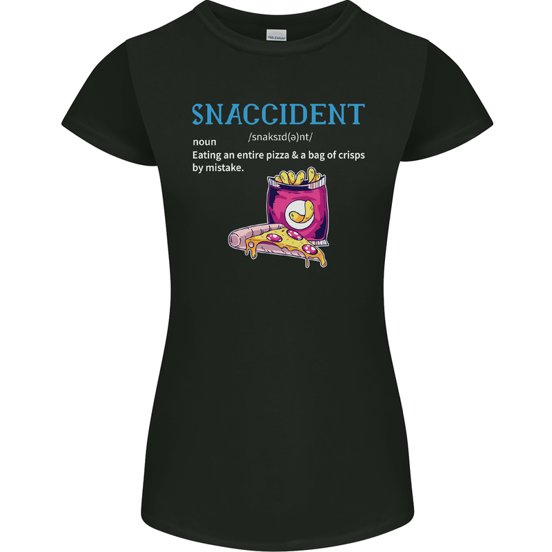 Snaccident Funny Food Pizza Diet Gym Fat Womens Petite Cut T-Shirt Black