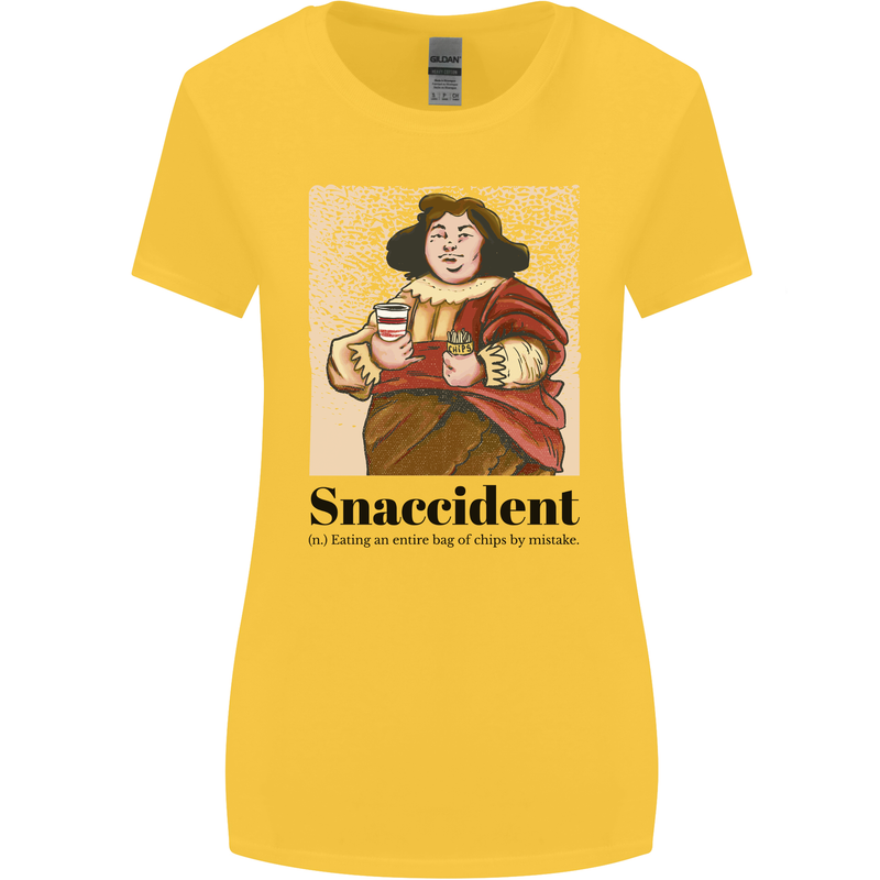 Snaccident Funny Junk Food Diet Weight Loss Womens Wider Cut T-Shirt Yellow