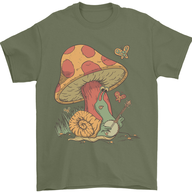 Snail Playing Guitar Rock Music Guitarist Mens T-Shirt Cotton Gildan Military Green