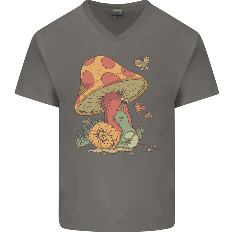 Snail Playing Guitar Rock Music Guitarist Mens V-Neck Cotton T-Shirt Charcoal
