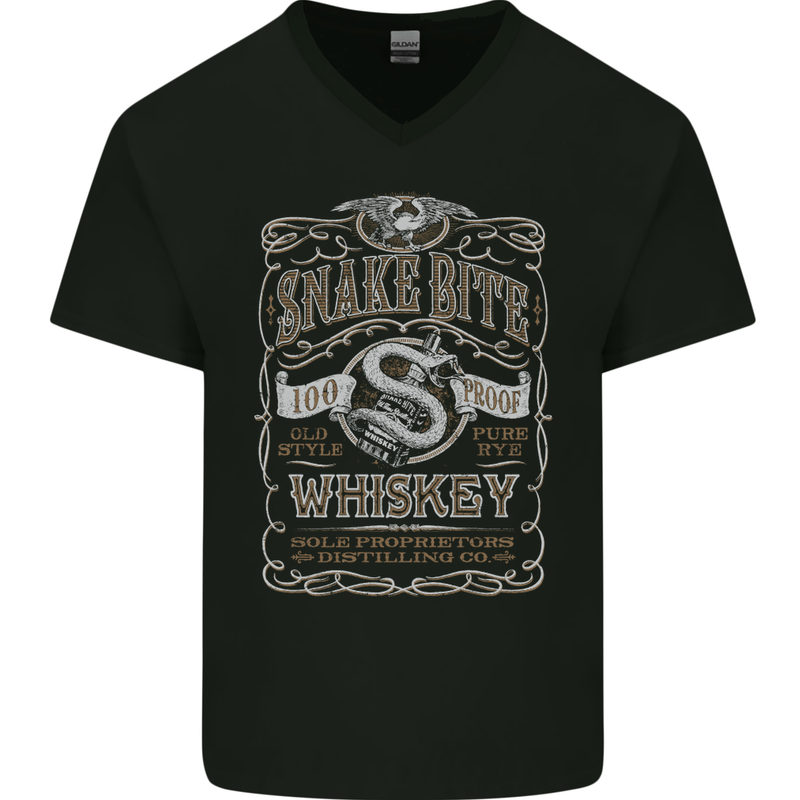 Snakebite Whiskey Whisky Biker Motorcycle Mens V-Neck Cotton T-Shirt Black