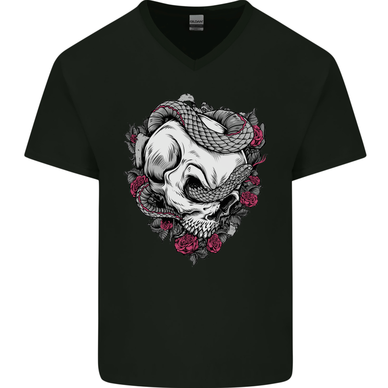 Snakes and Skull Biker Heavy Metal Gothic Mens V-Neck Cotton T-Shirt Black