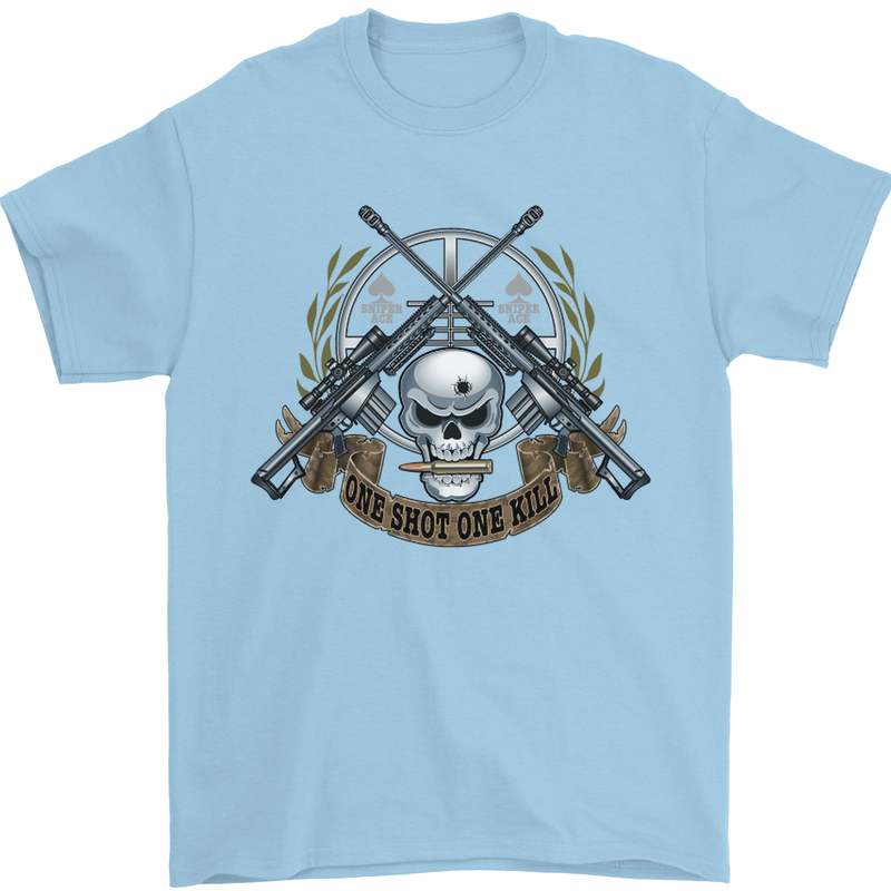 Sniper Ace One Shot Kill Para Marine Army Mens T-Shirt Cotton Gildan Light Blue