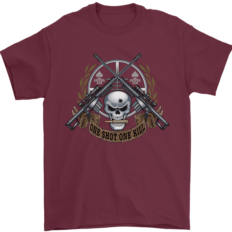 Sniper Ace One Shot Kill Para Marine Army Mens T-Shirt Cotton Gildan Maroon