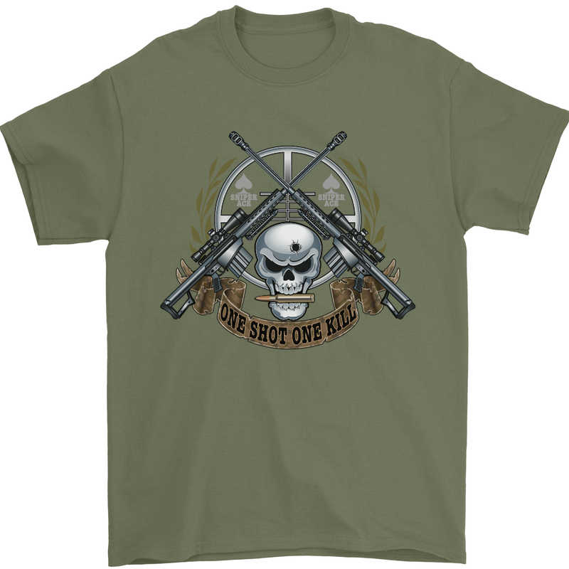 Sniper Ace One Shot Kill Para Marine Army Mens T-Shirt Cotton Gildan Military Green