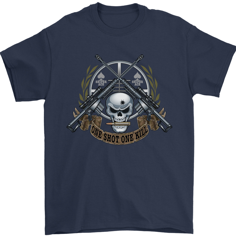 Sniper Ace One Shot Kill Para Marine Army Mens T-Shirt Cotton Gildan Navy Blue