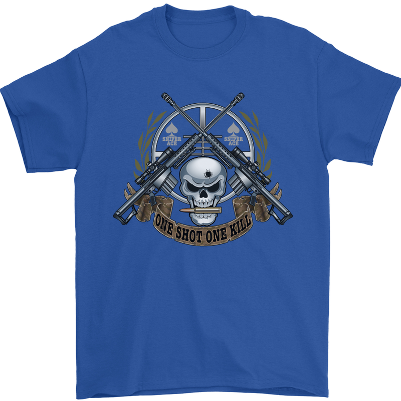 Sniper Ace One Shot Kill Para Marine Army Mens T-Shirt Cotton Gildan Royal Blue