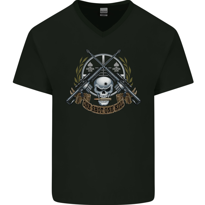 Sniper Ace One Shot Kill Para Marine Army Mens V-Neck Cotton T-Shirt Black