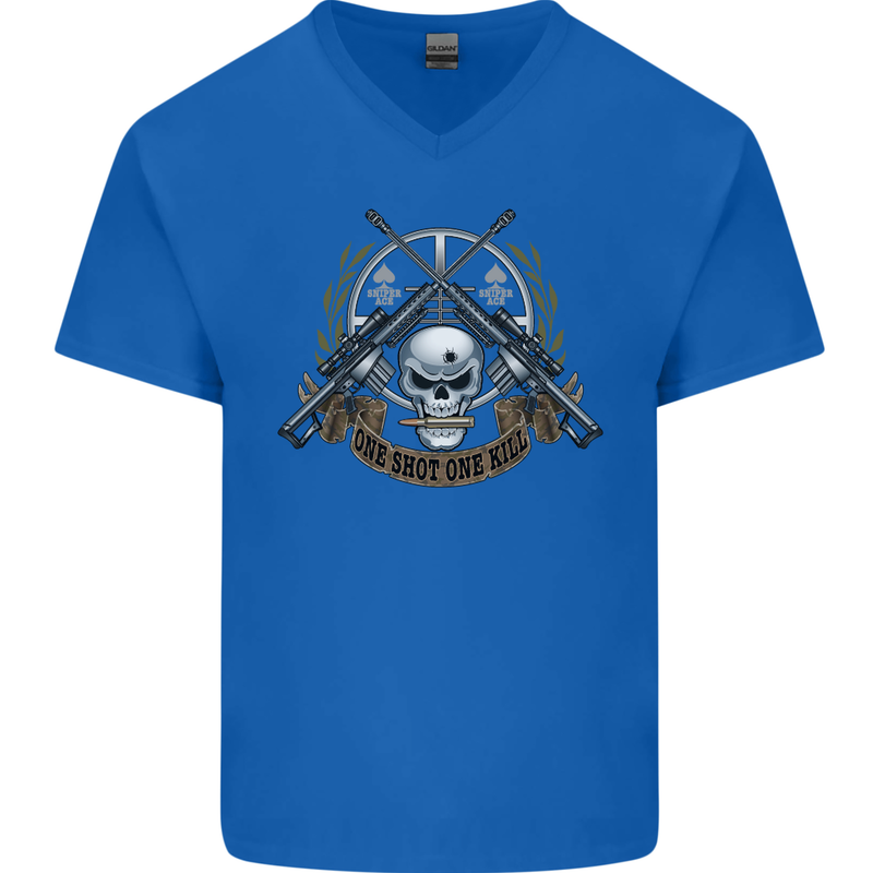 Sniper Ace One Shot Kill Para Marine Army Mens V-Neck Cotton T-Shirt Royal Blue