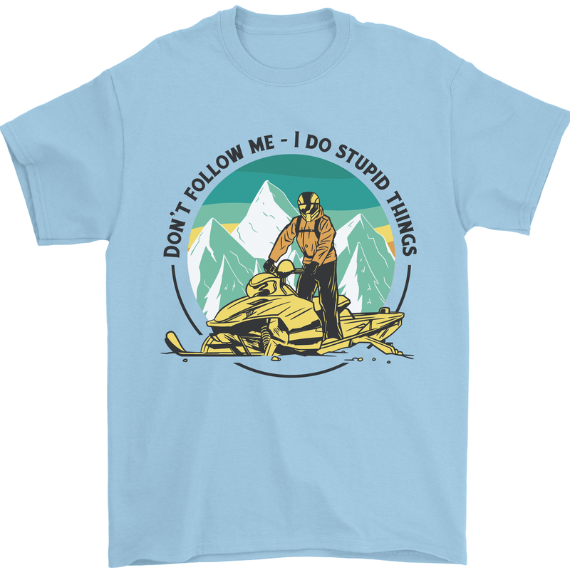 Snowmobile Dont Follow Me Funny Mens T-Shirt 100% Cotton Light Blue