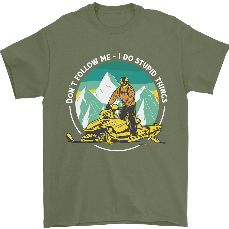 Snowmobile Dont Follow Me Funny Mens T-Shirt 100% Cotton Military Green