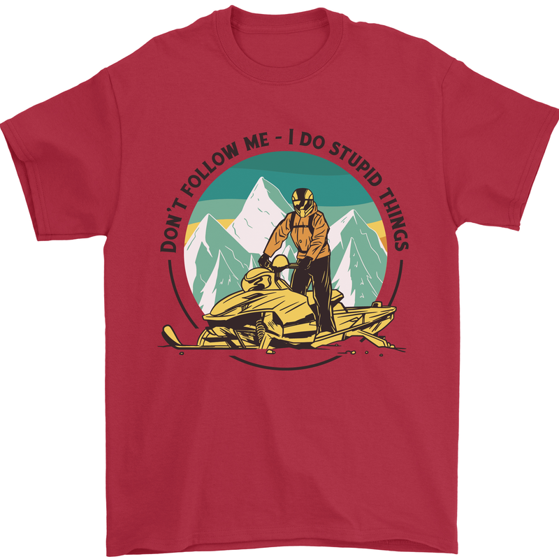Snowmobile Dont Follow Me Funny Mens T-Shirt 100% Cotton Red