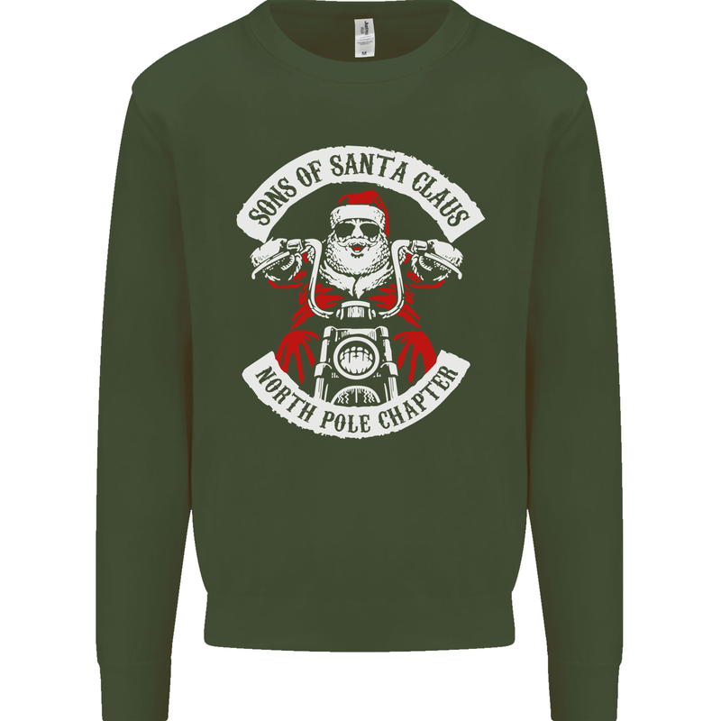 Sons of Santa Biker Motorcycle Christmas Kids Sweatshirt Jumper Forest Green