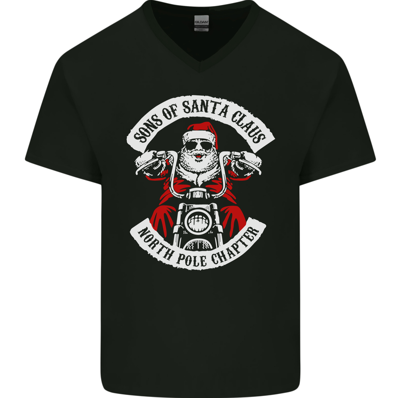 Sons of Santa Biker Motorcycle Christmas Mens V-Neck Cotton T-Shirt Black