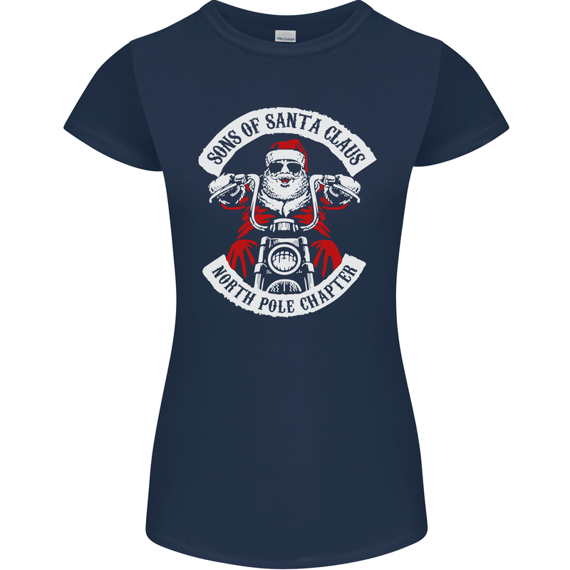 Sons of Santa Biker Motorcycle Christmas Womens Petite Cut T-Shirt Navy Blue
