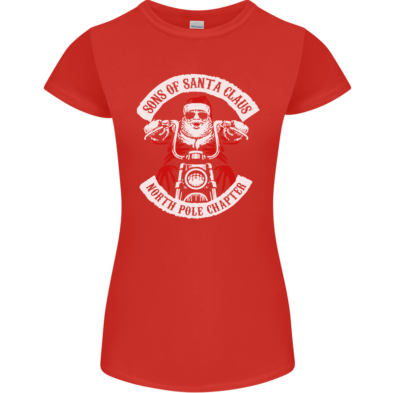 Sons of Santa Biker Motorcycle Christmas Womens Petite Cut T-Shirt Red