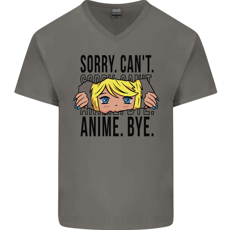 Sorry Can't Anime Bye Funny Anti-Social Mens V-Neck Cotton T-Shirt Charcoal