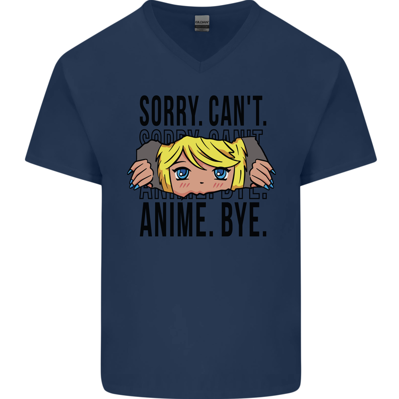 Sorry Can't Anime Bye Funny Anti-Social Mens V-Neck Cotton T-Shirt Navy Blue