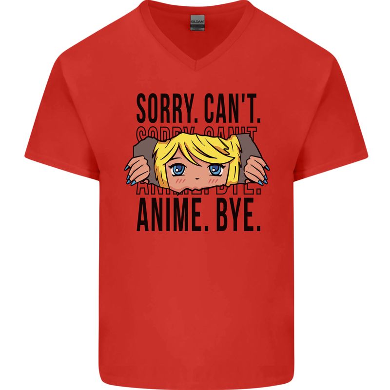 Sorry Can't Anime Bye Funny Anti-Social Mens V-Neck Cotton T-Shirt Red