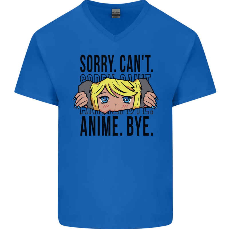 Sorry Can't Anime Bye Funny Anti-Social Mens V-Neck Cotton T-Shirt Royal Blue