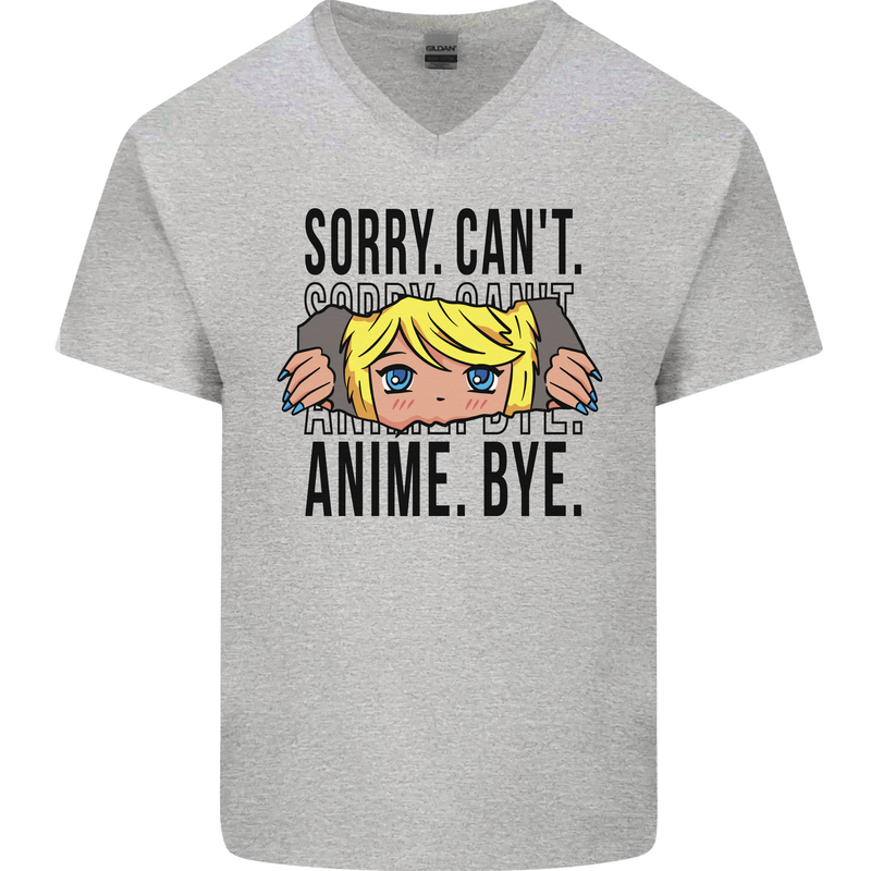 Sorry Can't Anime Bye Funny Anti-Social Mens V-Neck Cotton T-Shirt Sports Grey