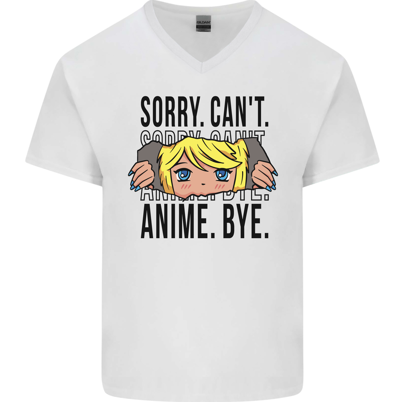 Sorry Can't Anime Bye Funny Anti-Social Mens V-Neck Cotton T-Shirt White