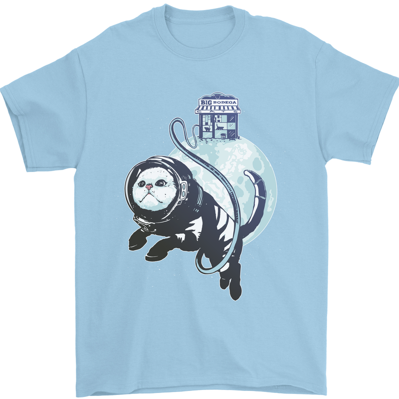 Space Astronaut Cat Funny Mens T-Shirt 100% Cotton Light Blue