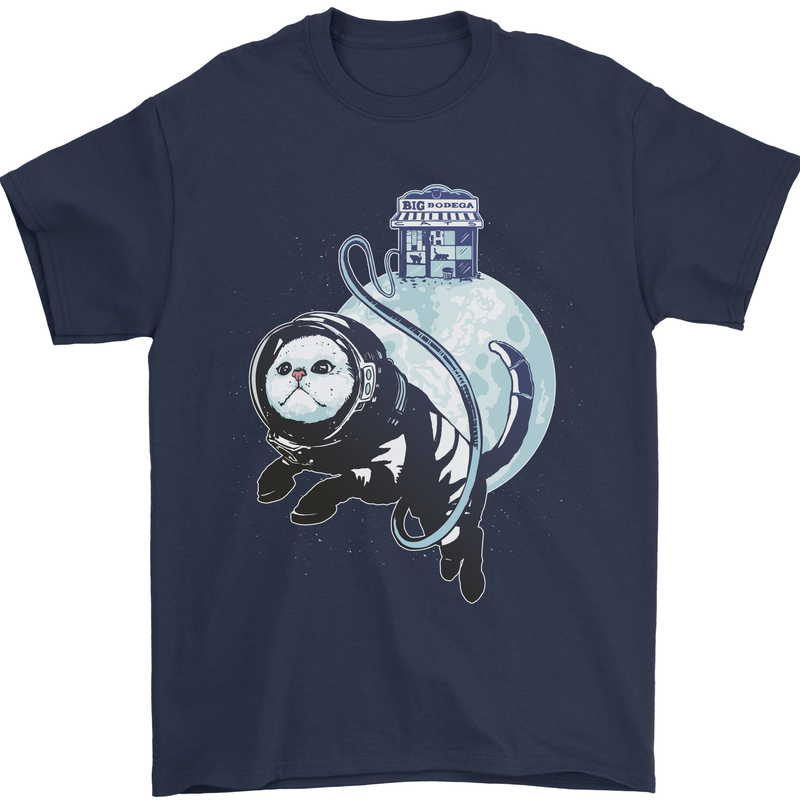 Space Astronaut Cat Funny Mens T-Shirt 100% Cotton Navy Blue
