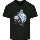 Space Astronaut Cat Funny Mens V-Neck Cotton T-Shirt Black